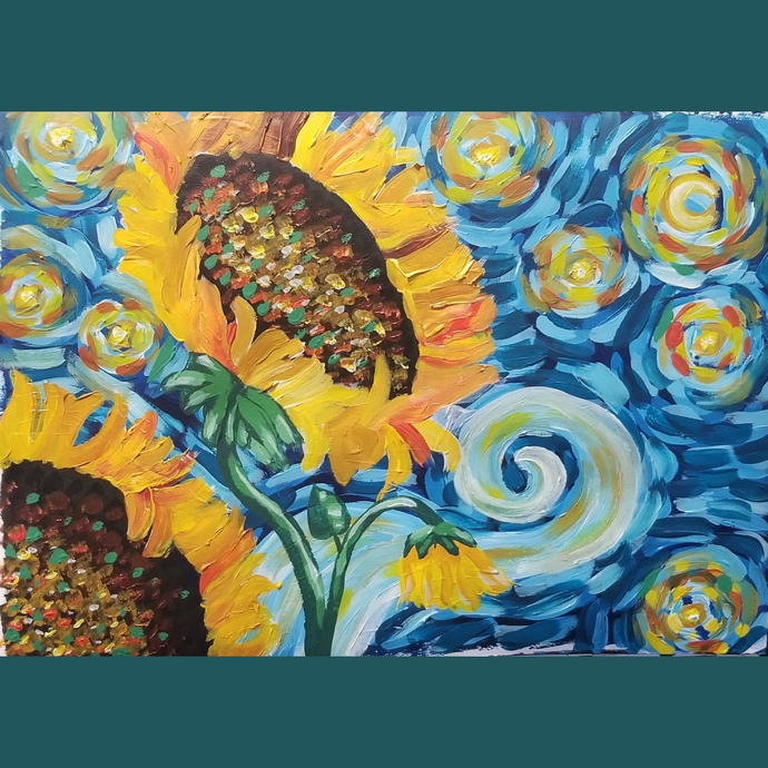 Van Gogh inspired sunflowers and starry night combination paint party.