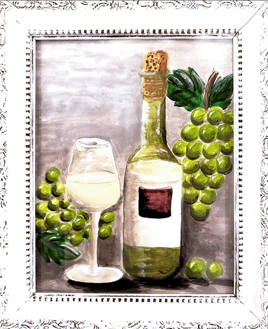 Wine painting for paint and sip party. White wine and white grapes with wine bottle and wine glass.