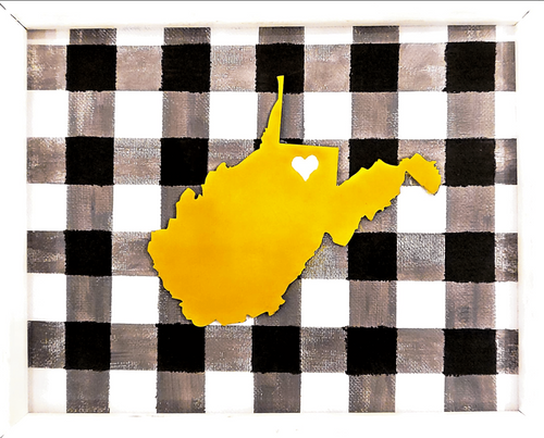 A multimedia layered canvas paint party! Buffalo plaid canvas board with cut-out West Virginia.